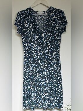NWT Lark & Ro Printed Dress Size 6 Navy Green Dot Short Sleeve Dress